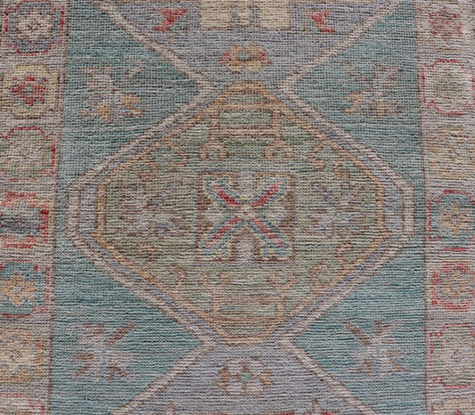 Measures: 2'5 x 6'5 Modern Small Oushak Runner with Teal - Blue Background and Medallion Motif. Keivan Woven Arts; rug AWR - 12192 Country of Origin: Afghanistan Type: Oushak Circa 2020 - This contemporary runner showcasing the distinct large... - Keivan Woven ArtsAWR - 12192 - 23223Rug