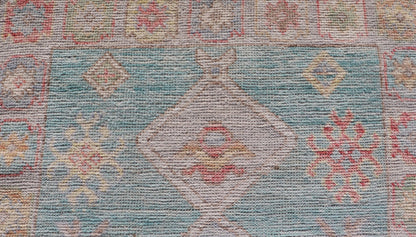 Measures: 2'5 x 6'5 Modern Small Oushak Runner with Teal - Blue Background and Medallion Motif. Keivan Woven Arts; rug AWR - 12192 Country of Origin: Afghanistan Type: Oushak Circa 2020 - This contemporary runner showcasing the distinct large... - Keivan Woven ArtsAWR - 12192 - 23223Rug