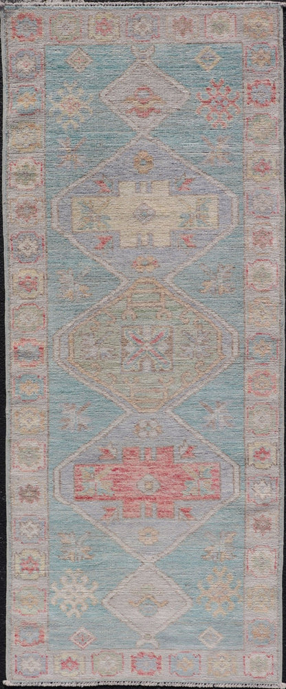 Measures: 2'5 x 6'5 Modern Small Oushak Runner with Teal - Blue Background and Medallion Motif. Keivan Woven Arts; rug AWR - 12192 Country of Origin: Afghanistan Type: Oushak Circa 2020 - This contemporary runner showcasing the distinct large... - Keivan Woven ArtsAWR - 12192 - 23223Rug