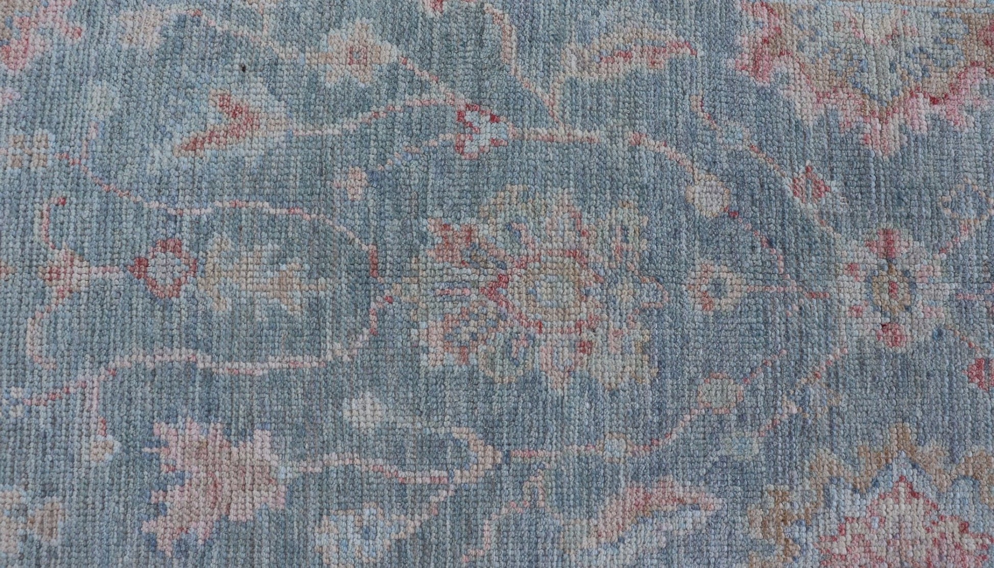 Measures:2'11 x 5'8 Modern Oushak Rug with a Light Blue Field With All - Over Floral Motifs With Cream. Keivan Woven Arts; rug AWR - 12202 Country of Origin: Afghanistan Type: Oushak Design: All - Over, Floral. Hand - Knotted in wool this piece holds c... - Keivan Woven ArtsAWR - 12202 - 23229Rug
