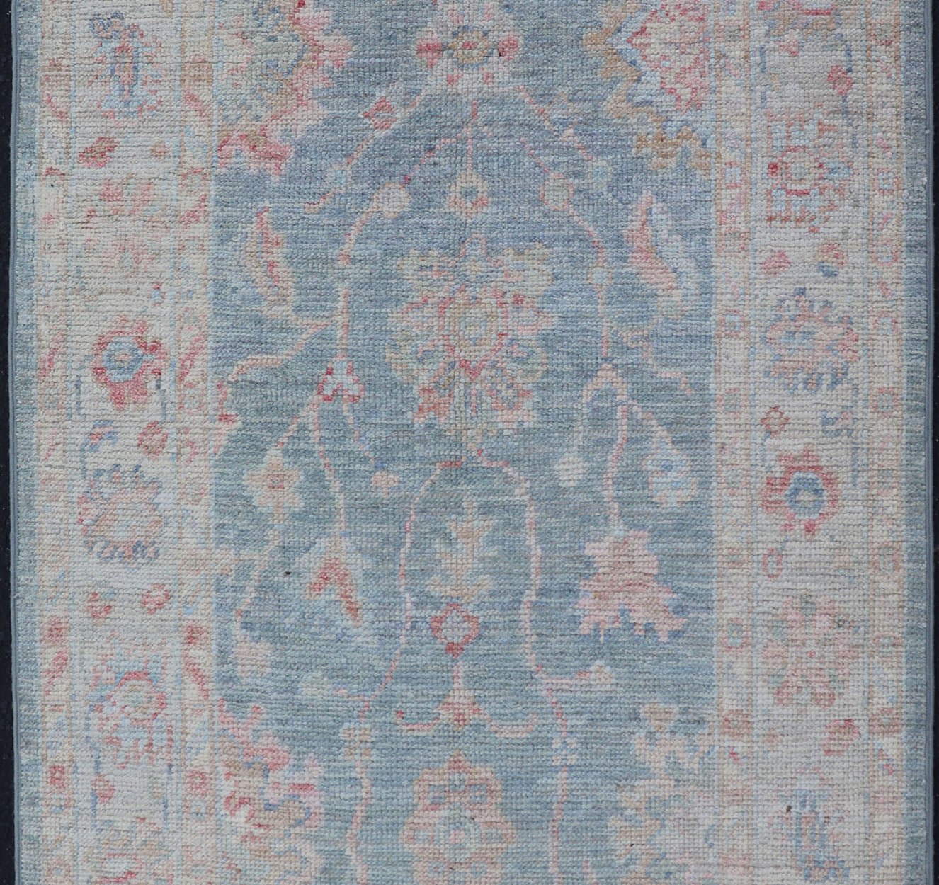 Measures:2'11 x 5'8 Modern Oushak Rug with a Light Blue Field With All - Over Floral Motifs With Cream. Keivan Woven Arts; rug AWR - 12202 Country of Origin: Afghanistan Type: Oushak Design: All - Over, Floral. Hand - Knotted in wool this piece holds c... - Keivan Woven ArtsAWR - 12202 - 23229Rug