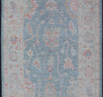 Measures:2'11 x 5'8 Modern Oushak Rug with a Light Blue Field With All - Over Floral Motifs With Cream. Keivan Woven Arts; rug AWR - 12202 Country of Origin: Afghanistan Type: Oushak Design: All - Over, Floral. Hand - Knotted in wool this piece holds c... - Keivan Woven ArtsAWR - 12202 - 23229Rug