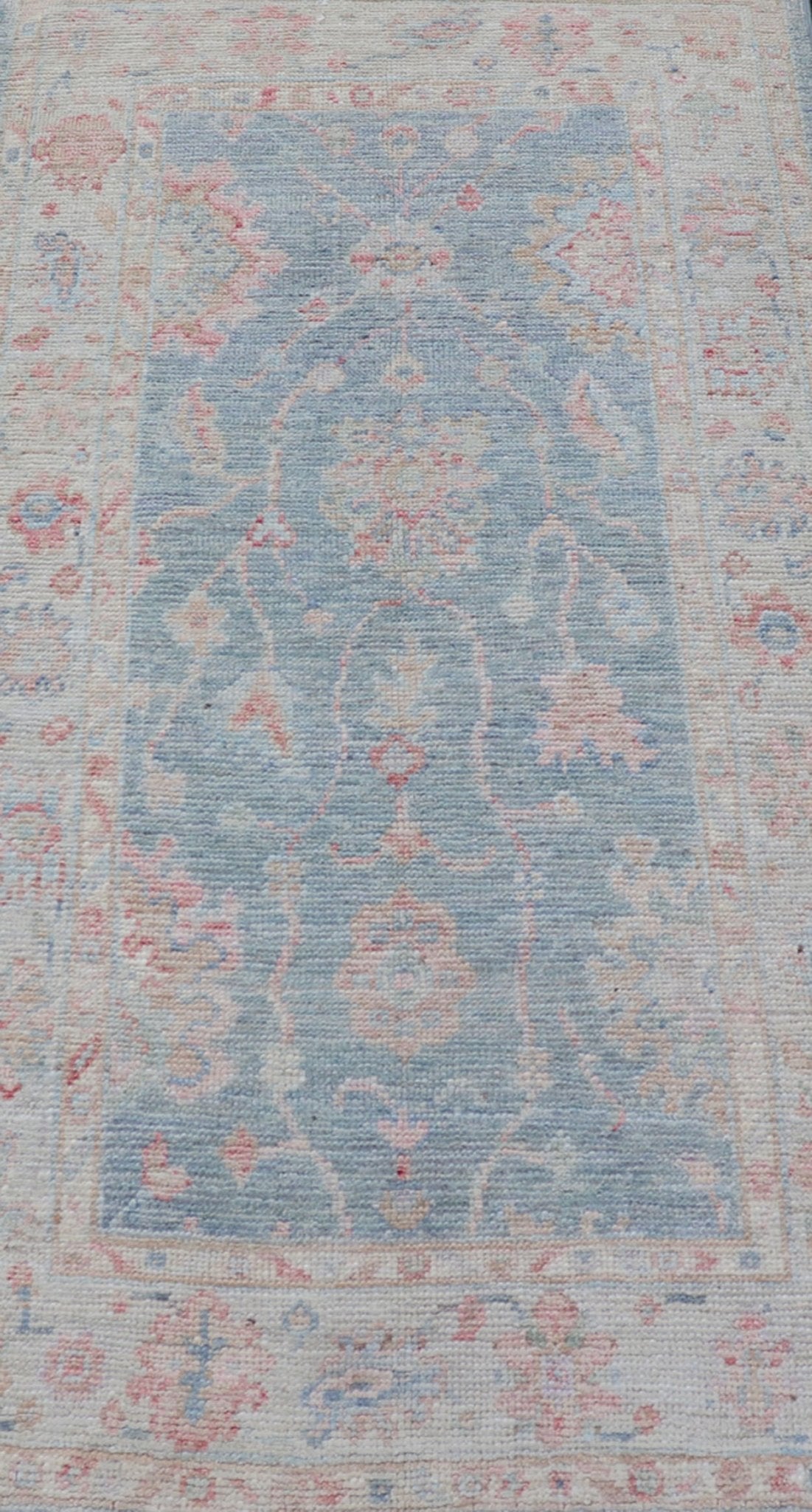 Measures:2'11 x 5'8 Modern Oushak Rug with a Light Blue Field With All - Over Floral Motifs With Cream. Keivan Woven Arts; rug AWR - 12202 Country of Origin: Afghanistan Type: Oushak Design: All - Over, Floral. Hand - Knotted in wool this piece holds c... - Keivan Woven ArtsAWR - 12202 - 23229Rug