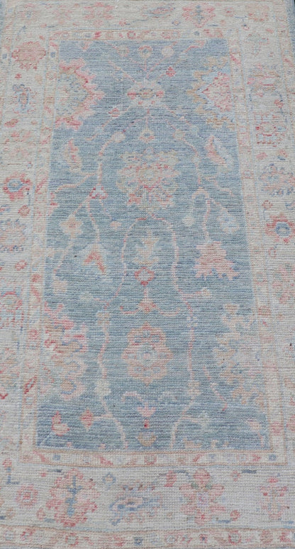 Measures:2'11 x 5'8 Modern Oushak Rug with a Light Blue Field With All - Over Floral Motifs With Cream. Keivan Woven Arts; rug AWR - 12202 Country of Origin: Afghanistan Type: Oushak Design: All - Over, Floral. Hand - Knotted in wool this piece holds c... - Keivan Woven ArtsAWR - 12202 - 23229Rug