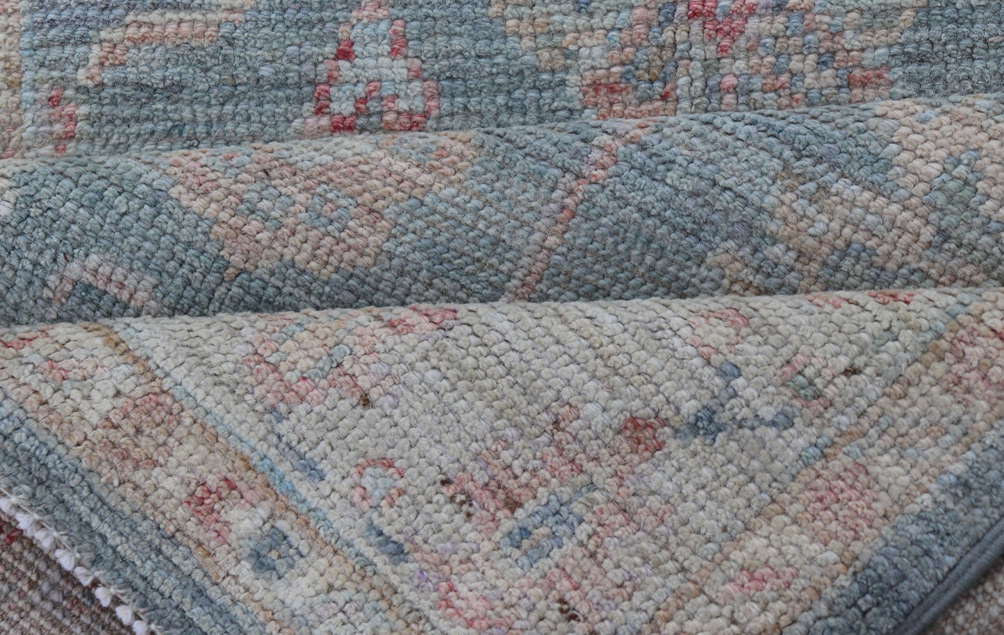 Measures:2'11 x 5'8 Modern Oushak Rug with a Light Blue Field With All - Over Floral Motifs With Cream. Keivan Woven Arts; rug AWR - 12202 Country of Origin: Afghanistan Type: Oushak Design: All - Over, Floral. Hand - Knotted in wool this piece holds c... - Keivan Woven ArtsAWR - 12202 - 23229Rug