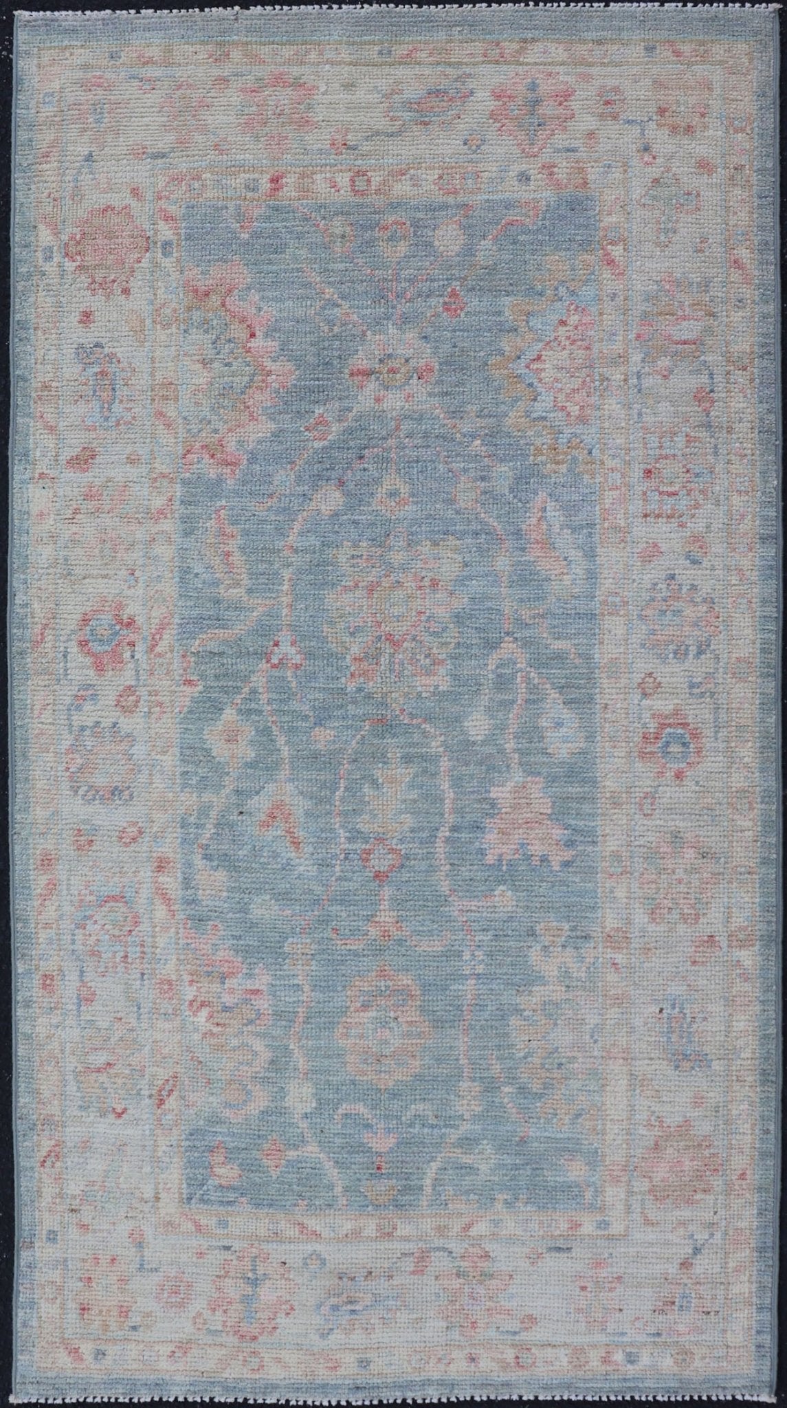 Measures:2'11 x 5'8 Modern Oushak Rug with a Light Blue Field With All - Over Floral Motifs With Cream. Keivan Woven Arts; rug AWR - 12202 Country of Origin: Afghanistan Type: Oushak Design: All - Over, Floral. Hand - Knotted in wool this piece holds c... - Keivan Woven ArtsAWR - 12202 - 23229Rug