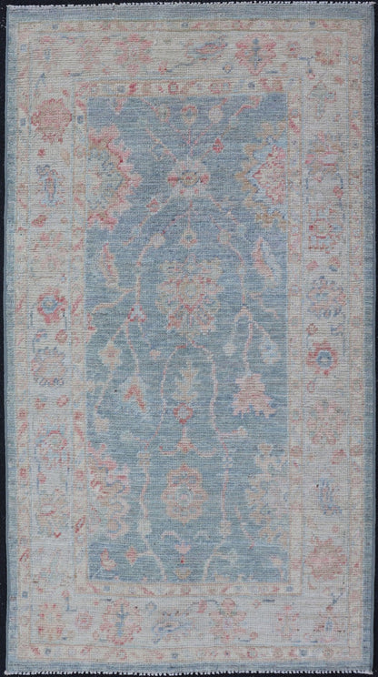 Measures:2'11 x 5'8 Modern Oushak Rug with a Light Blue Field With All - Over Floral Motifs With Cream. Keivan Woven Arts; rug AWR - 12202 Country of Origin: Afghanistan Type: Oushak Design: All - Over, Floral. Hand - Knotted in wool this piece holds c... - Keivan Woven ArtsAWR - 12202 - 23229Rug