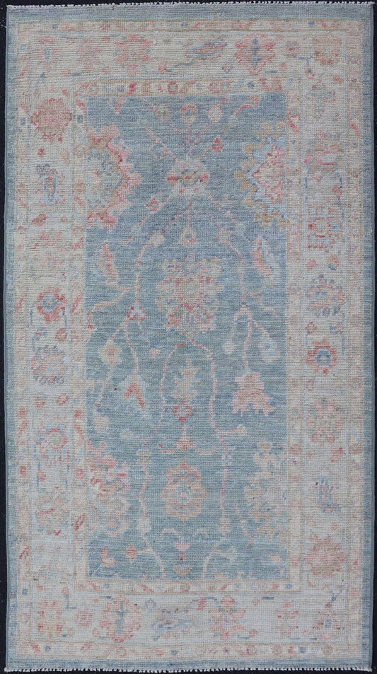 Measures:2'11 x 5'8 Modern Oushak Rug with a Light Blue Field With All - Over Floral Motifs With Cream. Keivan Woven Arts; rug AWR - 12202 Country of Origin: Afghanistan Type: Oushak Design: All - Over, Floral. Hand - Knotted in wool this piece holds c... - Keivan Woven ArtsAWR - 12202 - 23229Rug
