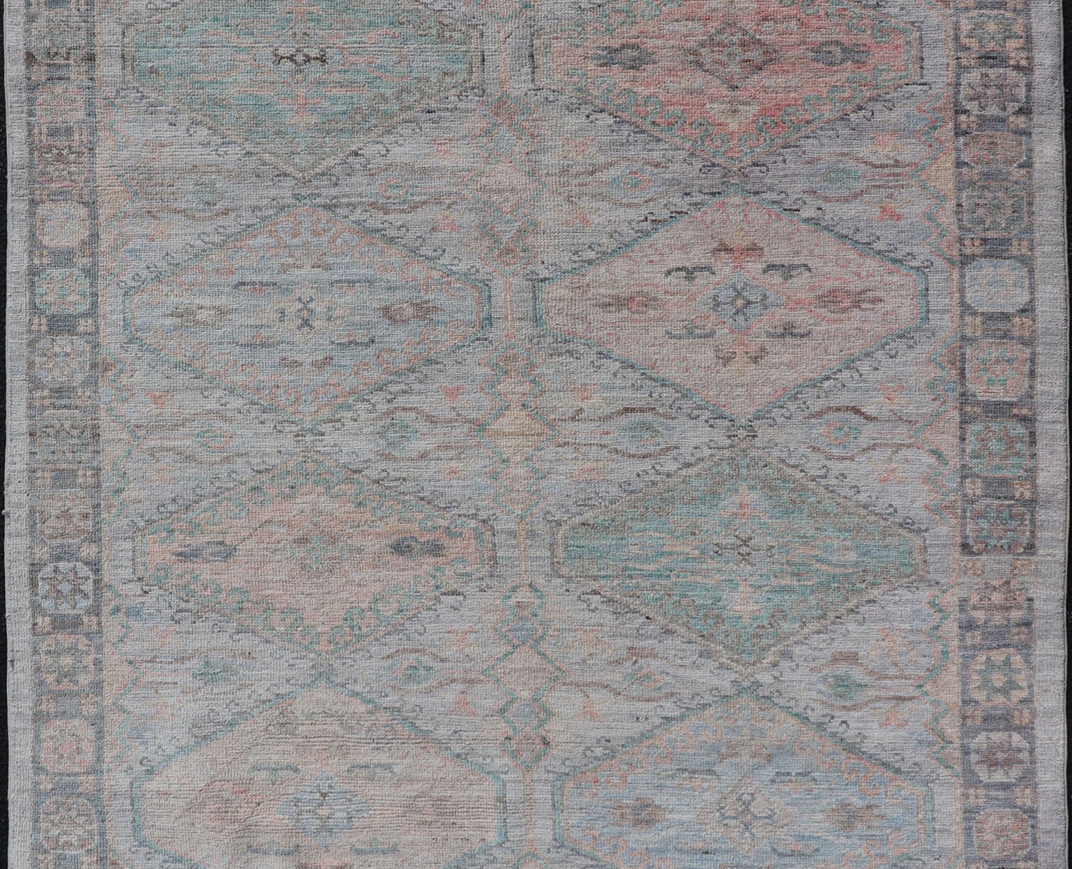 Measures: 4'11 x 6'3 Large Medallion Design Modern Oushak on a Light Blue Field With Multi Colors. Keivan Woven Arts; rug AWR - 12297 Country of Origin: Afghanistan Type: Oushak Circa 2020 This modern Oushak features large medallions in the cente... - Keivan Woven ArtsAWR - 12297 - 23235Rug