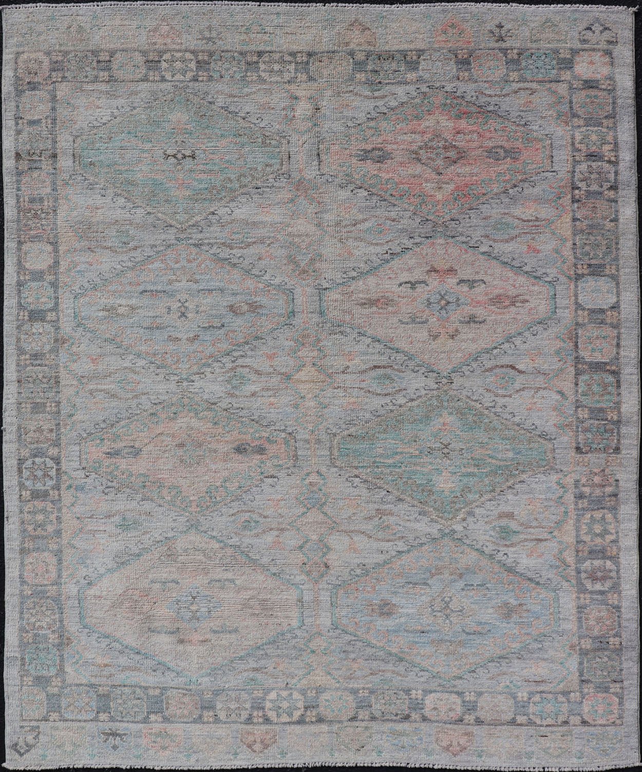 Measures: 4'11 x 6'3 Large Medallion Design Modern Oushak on a Light Blue Field With Multi Colors. Keivan Woven Arts; rug AWR - 12297 Country of Origin: Afghanistan Type: Oushak Circa 2020 This modern Oushak features large medallions in the cente... - Keivan Woven ArtsAWR - 12297 - 23235Rug