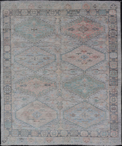 Measures: 4'11 x 6'3 Large Medallion Design Modern Oushak on a Light Blue Field With Multi Colors. Keivan Woven Arts; rug AWR - 12297 Country of Origin: Afghanistan Type: Oushak Circa 2020 This modern Oushak features large medallions in the cente... - Keivan Woven ArtsAWR - 12297 - 23235Rug