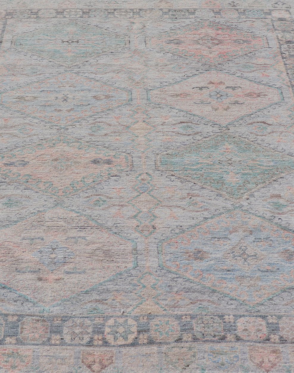 Measures: 4'11 x 6'3 Large Medallion Design Modern Oushak on a Light Blue Field With Multi Colors. Keivan Woven Arts; rug AWR - 12297 Country of Origin: Afghanistan Type: Oushak Circa 2020 This modern Oushak features large medallions in the cente... - Keivan Woven ArtsAWR - 12297 - 23235Rug