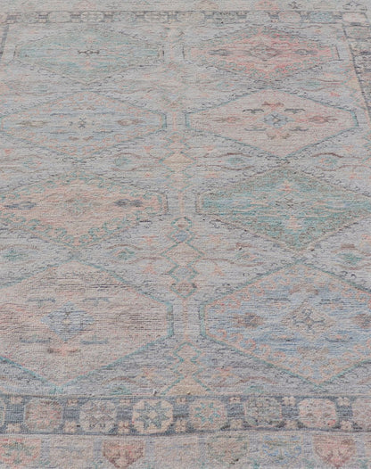 Measures: 4'11 x 6'3 Large Medallion Design Modern Oushak on a Light Blue Field With Multi Colors. Keivan Woven Arts; rug AWR - 12297 Country of Origin: Afghanistan Type: Oushak Circa 2020 This modern Oushak features large medallions in the cente... - Keivan Woven ArtsAWR - 12297 - 23235Rug