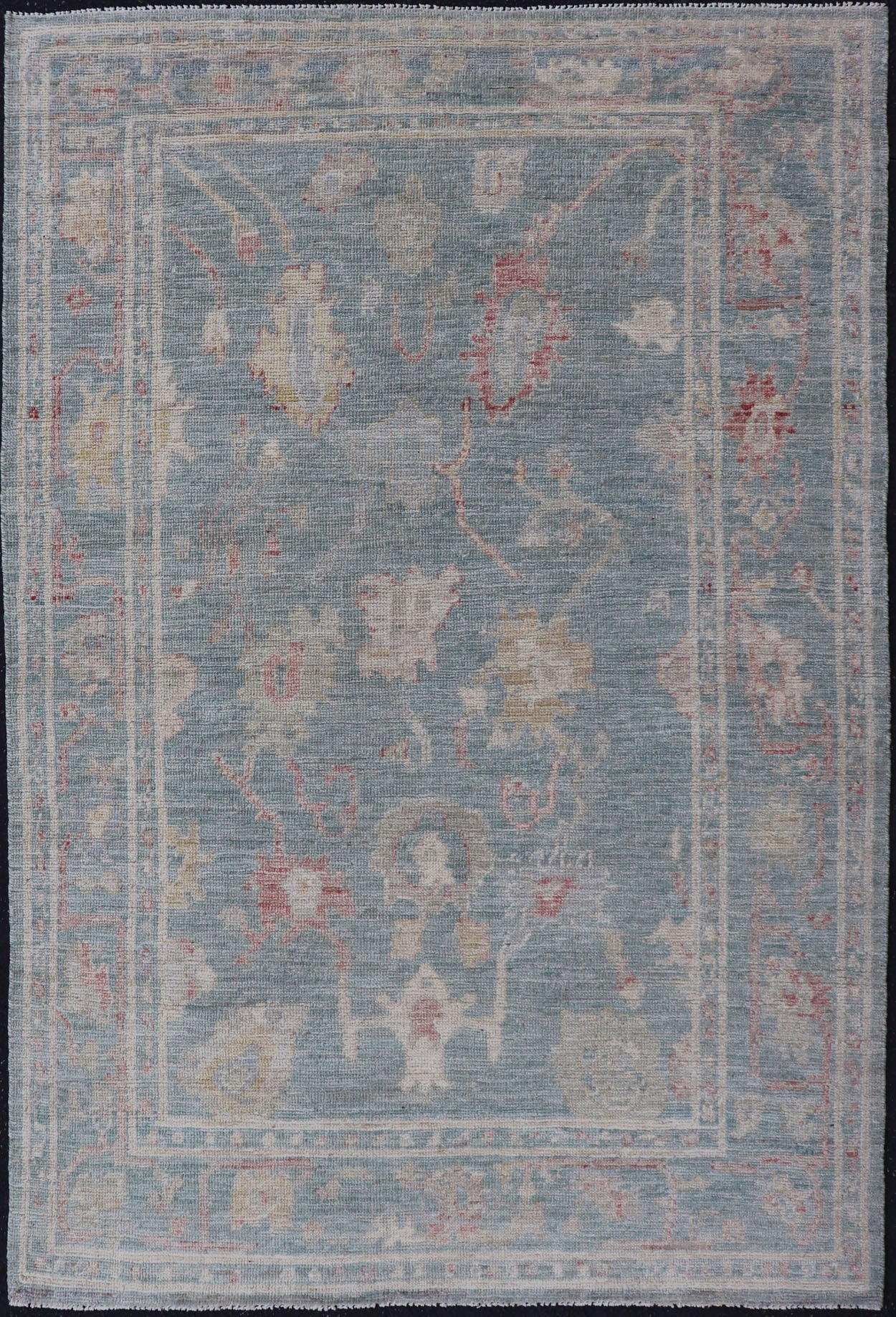 Measures: 3'11 x 5'11 Modern Oushak Rug with a Light Blue - Gray Field With All - Over Floral Motifs. Keivan Woven Arts; rug AWR - 12302 Country of Origin: Afghanistan Type: Oushak Design: All - Over, Floral. Hand - Knotted in wool, this rustic piece hold... - Keivan Woven ArtsAWR - 12302 - 23241Rug