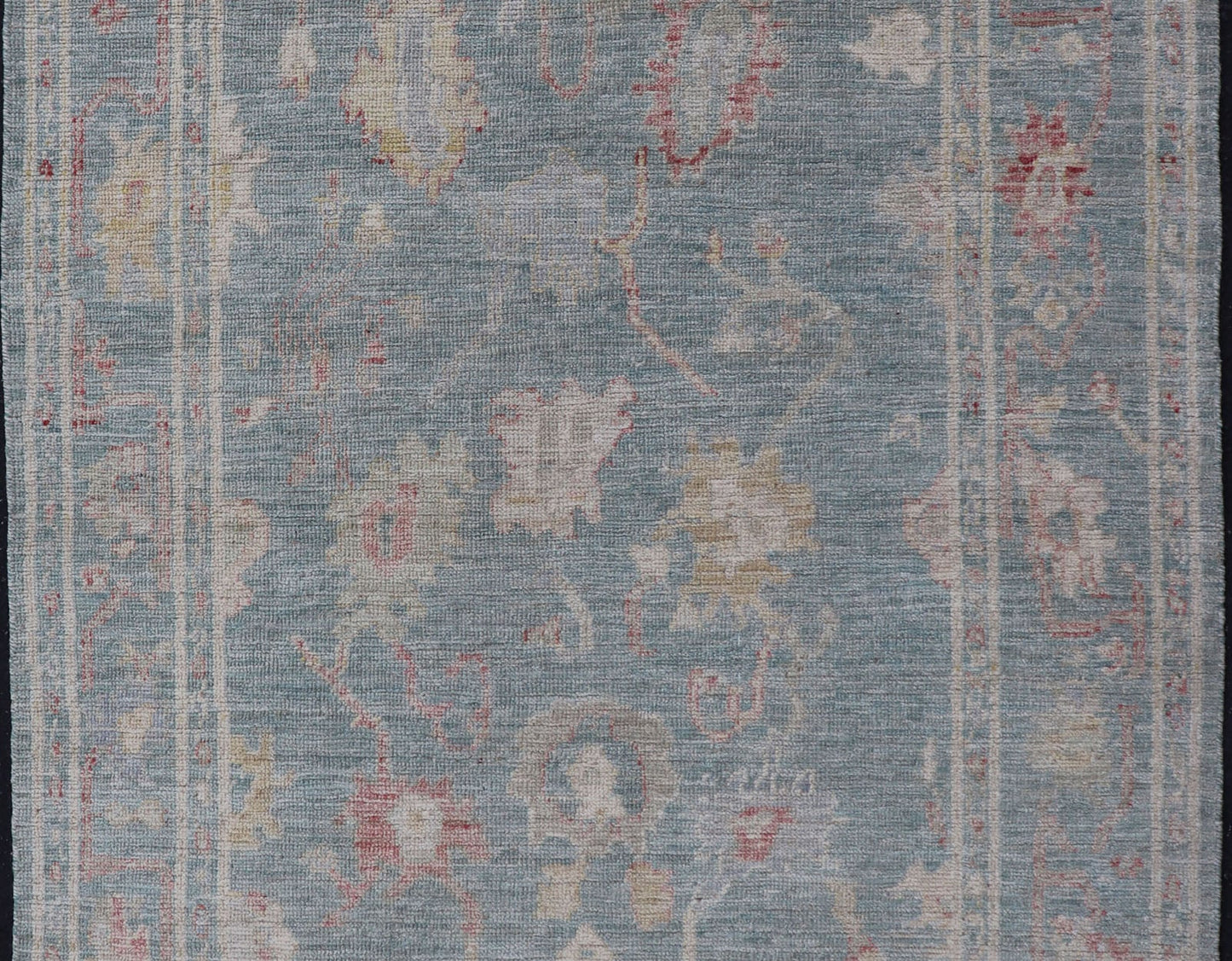 Measures: 3'11 x 5'11 Modern Oushak Rug with a Light Blue - Gray Field With All - Over Floral Motifs. Keivan Woven Arts; rug AWR - 12302 Country of Origin: Afghanistan Type: Oushak Design: All - Over, Floral. Hand - Knotted in wool, this rustic piece hold... - Keivan Woven ArtsAWR - 12302 - 23241Rug