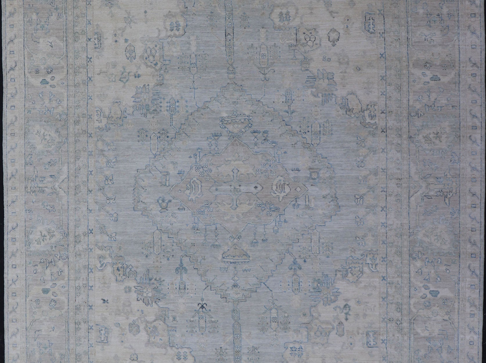 Measures: 8'10 x 11'8 Modern Designed Rug With A Light Blue Background and Tribal Medallion Motifs. Keivan Woven Arts; rug AWR - 12323 Country of Origin: Afghanistan Type: Oushak Design: Floral, Medallion Abstract - Tribal This Oushak presents ... - Keivan Woven ArtsAWR - 12323 - 23396