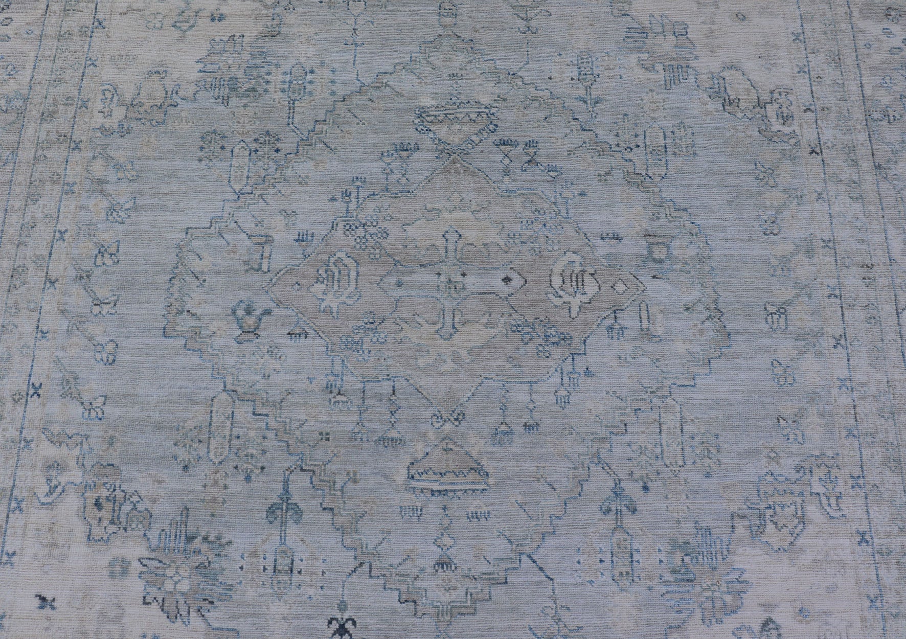 Measures: 8'10 x 11'8 Modern Designed Rug With A Light Blue Background and Tribal Medallion Motifs. Keivan Woven Arts; rug AWR - 12323 Country of Origin: Afghanistan Type: Oushak Design: Floral, Medallion Abstract - Tribal This Oushak presents ... - Keivan Woven ArtsAWR - 12323 - 23396