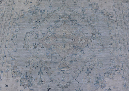 Measures: 8'10 x 11'8 Modern Designed Rug With A Light Blue Background and Tribal Medallion Motifs. Keivan Woven Arts; rug AWR - 12323 Country of Origin: Afghanistan Type: Oushak Design: Floral, Medallion Abstract - Tribal This Oushak presents ... - Keivan Woven ArtsAWR - 12323 - 23396