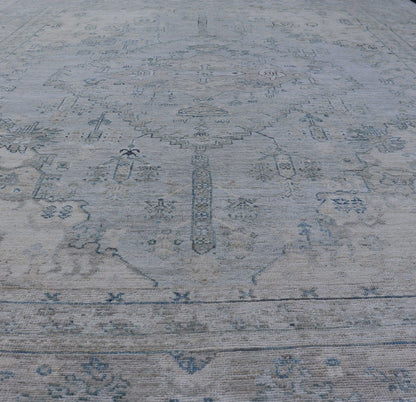 Measures: 8'10 x 11'8 Modern Designed Rug With A Light Blue Background and Tribal Medallion Motifs. Keivan Woven Arts; rug AWR - 12323 Country of Origin: Afghanistan Type: Oushak Design: Floral, Medallion Abstract - Tribal This Oushak presents ... - Keivan Woven ArtsAWR - 12323 - 23396