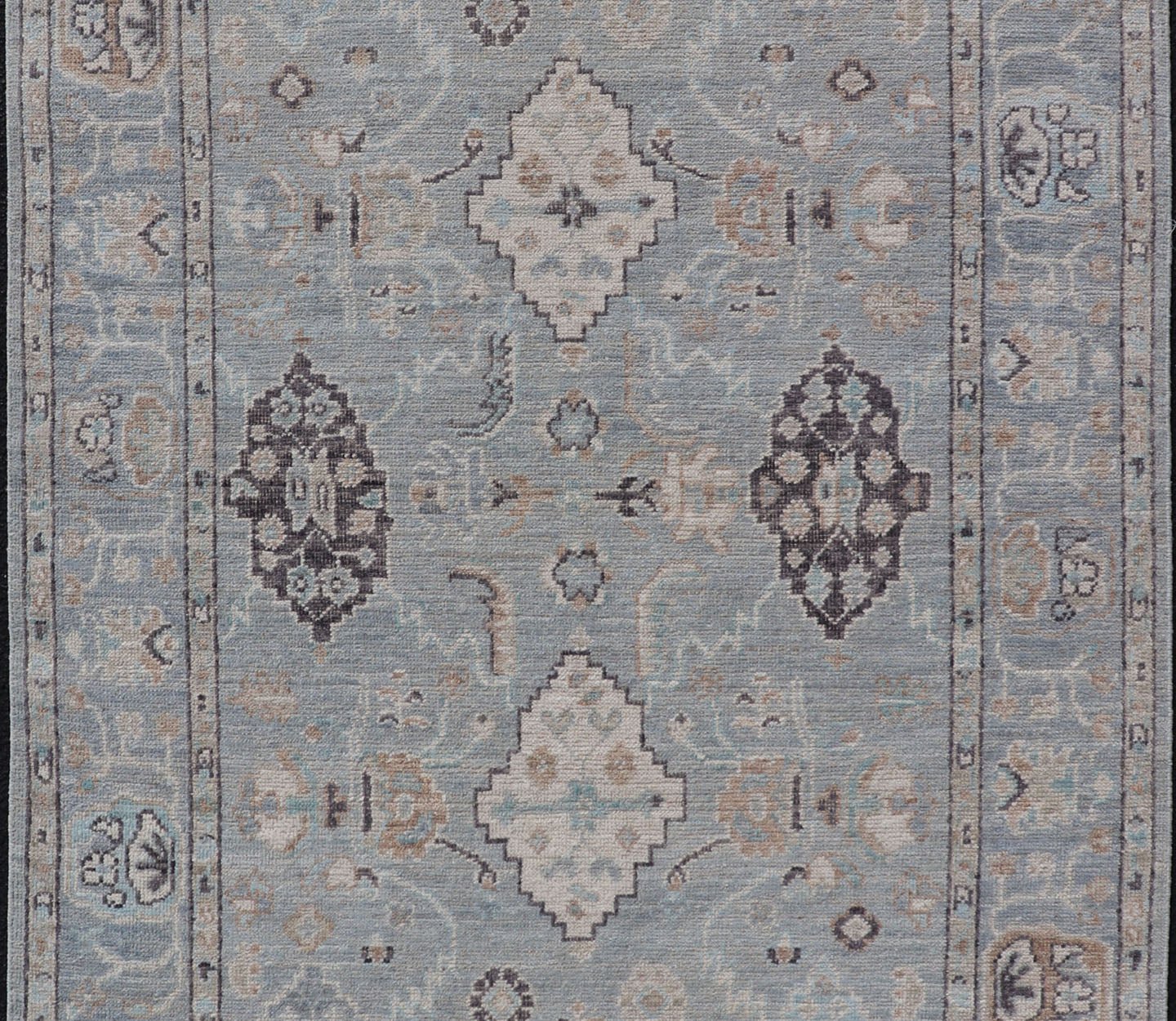 Measures: 4'1 x 6'1 Light Blue - Gray Background Modern Oushak with All - Over Tribal Motifs With Gray. Country of Origin: Afghanistan; Type: Oushak; Design: Medallion, Tribal Medallion, All - Over; Keivan Woven Arts: rug AWR - 12335 21st Century. This... - Keivan Woven ArtsAWR - 12335 - 23246