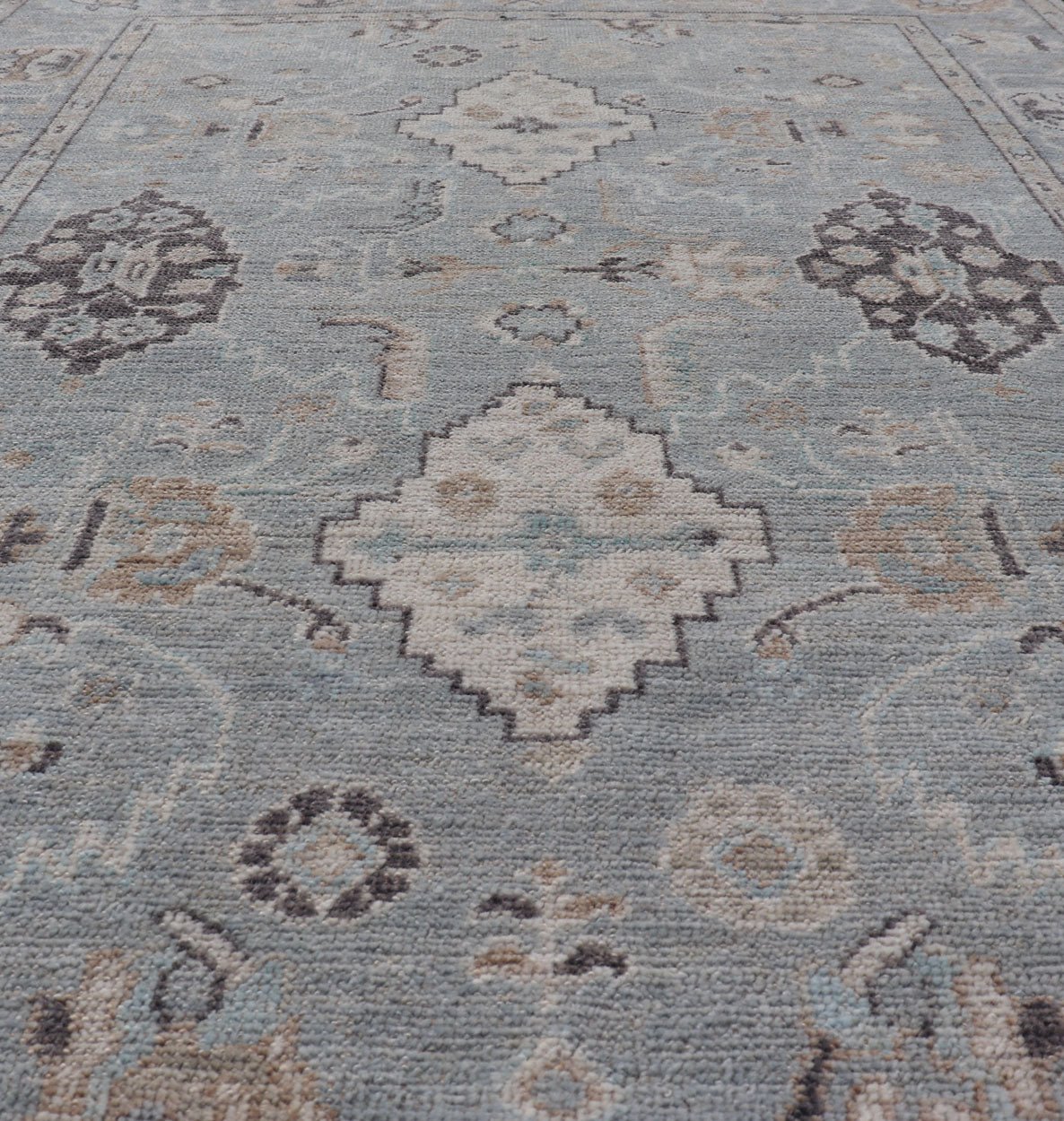 Measures: 4'1 x 6'1 Light Blue - Gray Background Modern Oushak with All - Over Tribal Motifs With Gray. Country of Origin: Afghanistan; Type: Oushak; Design: Medallion, Tribal Medallion, All - Over; Keivan Woven Arts: rug AWR - 12335 21st Century. This... - Keivan Woven ArtsAWR - 12335 - 23246