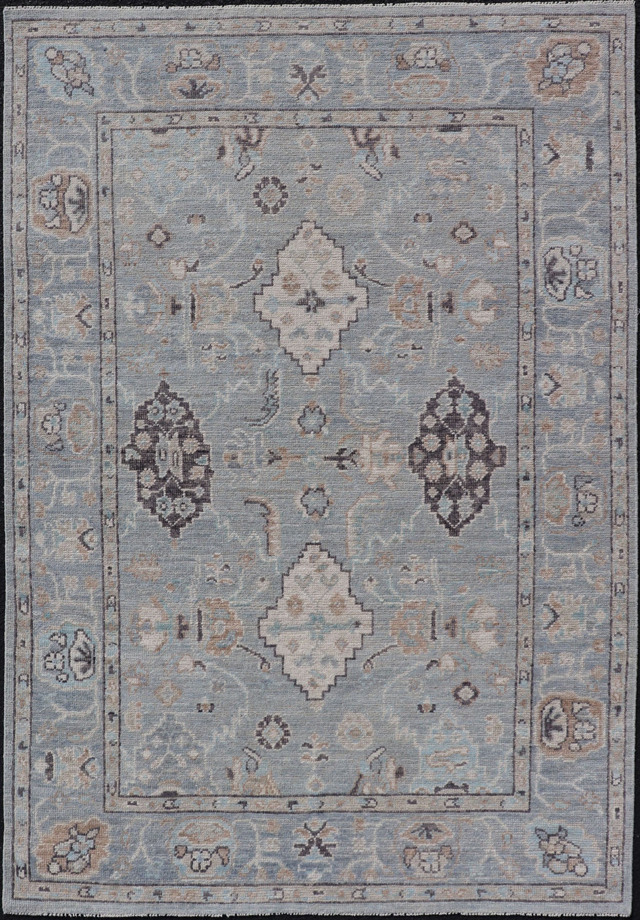 Measures: 4'1 x 6'1 Light Blue - Gray Background Modern Oushak with All - Over Tribal Motifs With Gray. Country of Origin: Afghanistan; Type: Oushak; Design: Medallion, Tribal Medallion, All - Over; Keivan Woven Arts: rug AWR - 12335 21st Century. This... - Keivan Woven ArtsAWR - 12335 - 23246