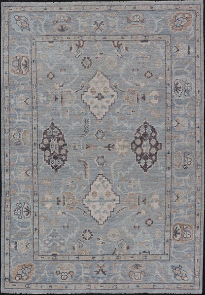 Measures: 4'1 x 6'1 Light Blue - Gray Background Modern Oushak with All - Over Tribal Motifs With Gray. Country of Origin: Afghanistan; Type: Oushak; Design: Medallion, Tribal Medallion, All - Over; Keivan Woven Arts: rug AWR - 12335 21st Century. This... - Keivan Woven ArtsAWR - 12335 - 23246