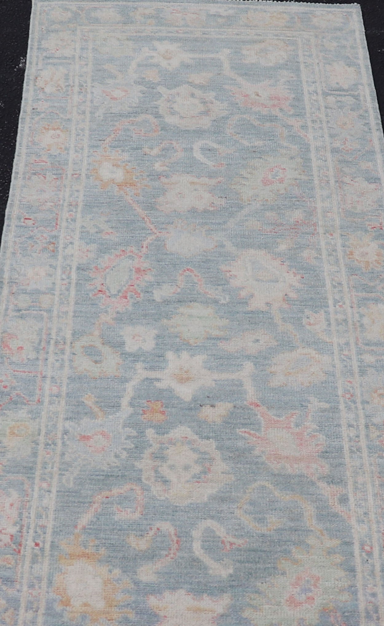 Measures: 2'6 x 7'11 Floral Modern Oushak with Muted Blue Background in Wool With All - Over Design. Keivan Woven Arts; rug AWR - 12346 Country of Origin: Afghanistan Type: Oushak Design: All - Over, Floral Runner. This hand - knotted Oushak runner ... - Keivan Woven ArtsAWR - 12346 - 23252Rug