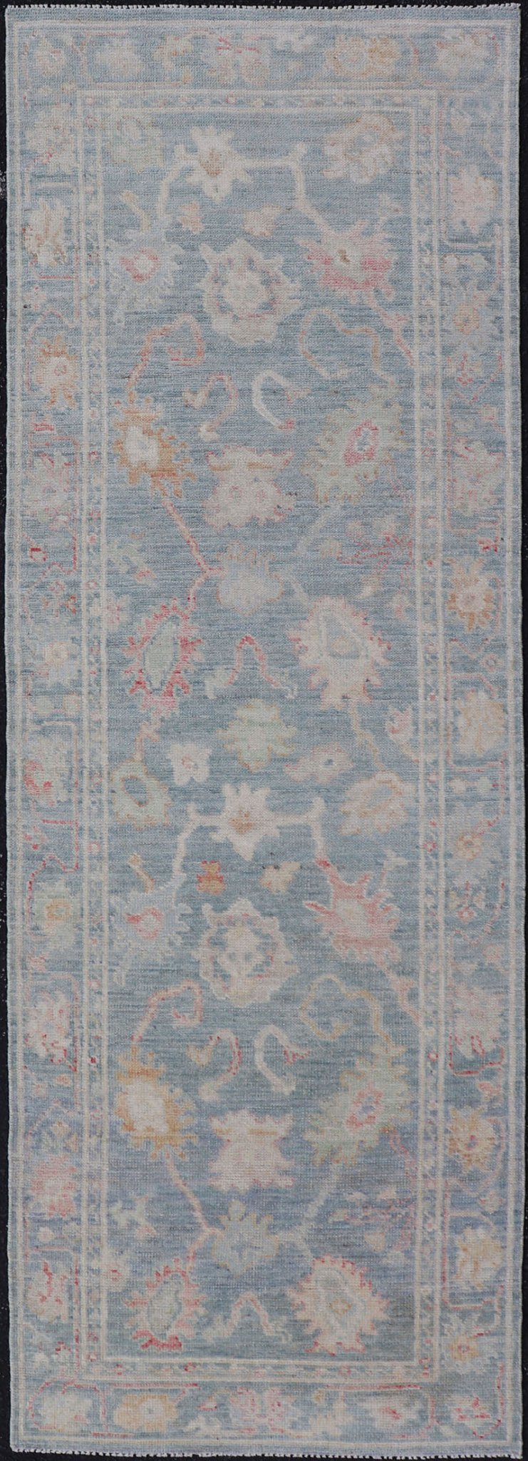Measures: 2'6 x 7'11 Floral Modern Oushak with Muted Blue Background in Wool With All - Over Design. Keivan Woven Arts; rug AWR - 12346 Country of Origin: Afghanistan Type: Oushak Design: All - Over, Floral Runner. This hand - knotted Oushak runner ... - Keivan Woven ArtsAWR - 12346 - 23252Rug