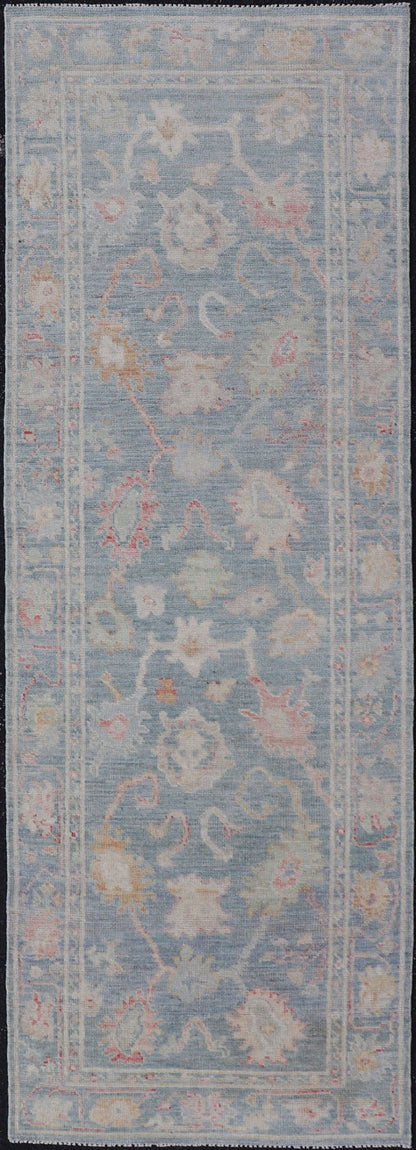 Measures: 2'6 x 7'11 Floral Modern Oushak with Muted Blue Background in Wool With All - Over Design. Keivan Woven Arts; rug AWR - 12346 Country of Origin: Afghanistan Type: Oushak Design: All - Over, Floral Runner. This hand - knotted Oushak runner ... - Keivan Woven ArtsAWR - 12346 - 23252Rug