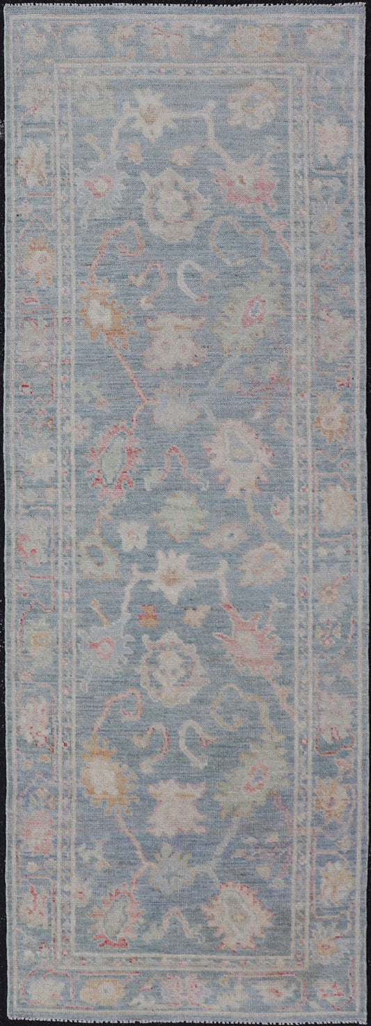 Measures: 2'6 x 7'11 Floral Modern Oushak with Muted Blue Background in Wool With All - Over Design. Keivan Woven Arts; rug AWR - 12346 Country of Origin: Afghanistan Type: Oushak Design: All - Over, Floral Runner. This hand - knotted Oushak runner ... - Keivan Woven ArtsAWR - 12346 - 23252Rug