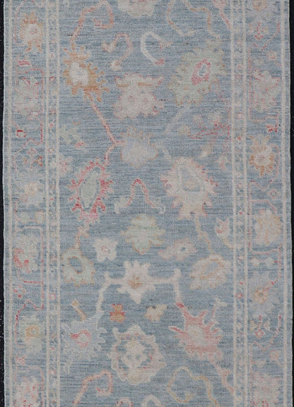 Measures: 2'6 x 7'11 Floral Modern Oushak with Muted Blue Background in Wool With All - Over Design. Keivan Woven Arts; rug AWR - 12346 Country of Origin: Afghanistan Type: Oushak Design: All - Over, Floral Runner. This hand - knotted Oushak runner ... - Keivan Woven ArtsAWR - 12346 - 23252Rug