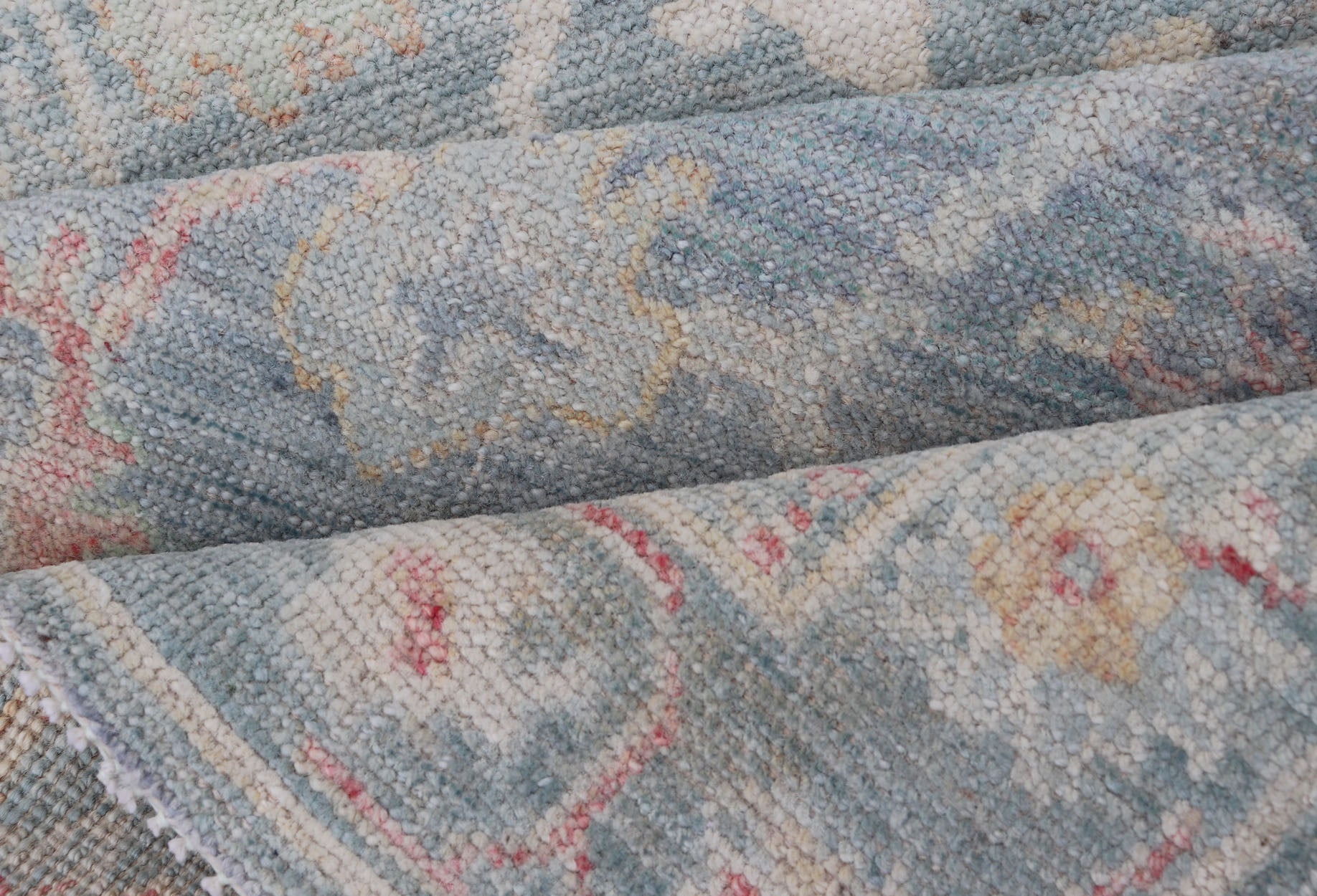 Measures: 2'6 x 7'11 Floral Modern Oushak with Muted Blue Background in Wool With All - Over Design. Keivan Woven Arts; rug AWR - 12346 Country of Origin: Afghanistan Type: Oushak Design: All - Over, Floral Runner. This hand - knotted Oushak runner ... - Keivan Woven ArtsAWR - 12346 - 23252Rug