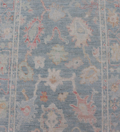 Measures: 2'6 x 7'11 Floral Modern Oushak with Muted Blue Background in Wool With All - Over Design. Keivan Woven Arts; rug AWR - 12346 Country of Origin: Afghanistan Type: Oushak Design: All - Over, Floral Runner. This hand - knotted Oushak runner ... - Keivan Woven ArtsAWR - 12346 - 23252Rug