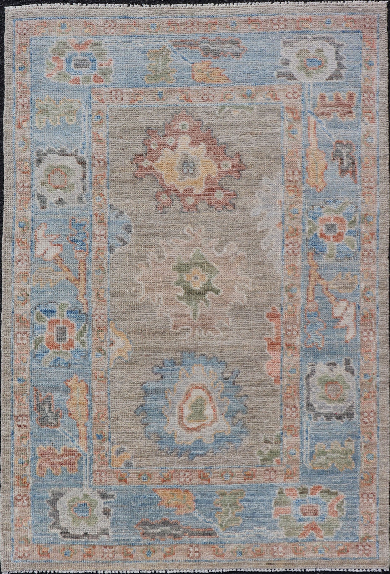 Measures: 2'7 x 4'0 Modern Floral Oushak With Sandy - Brown Background and A Sky Blue Border. Keivan Woven Arts; rug AWR - 12378 Country of Origin: Afghanistan Type: Oushak Design: Floral, Arabesque, All - Over. This piece gives a modern vibrancy... - Keivan Woven ArtsAWR - 12378 - 23258Rug