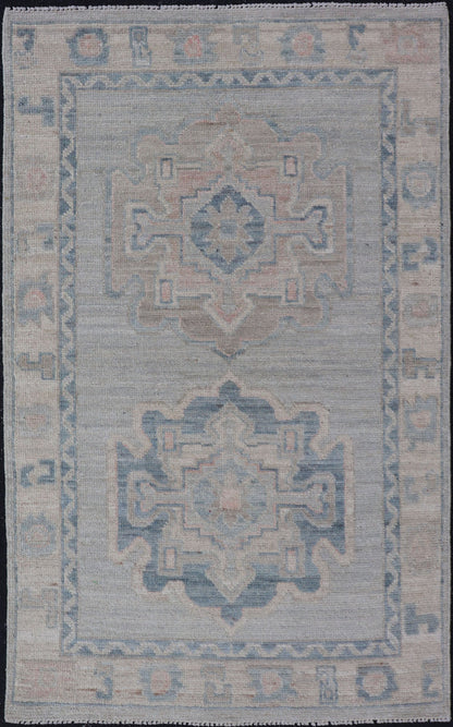 Measures: 2'6 x 4'2 Modern Medallion Oushak with Light Gray Background and Neutral Colors. Keivan Woven Arts rug AWR - 12386 Country of Origin: Afghanistan Type: Oushak Design: Floral, All - Over, Abstract Floral. This Oushak was hand - knotted in... - Keivan Woven ArtsAWR - 12386 - 23264Rug
