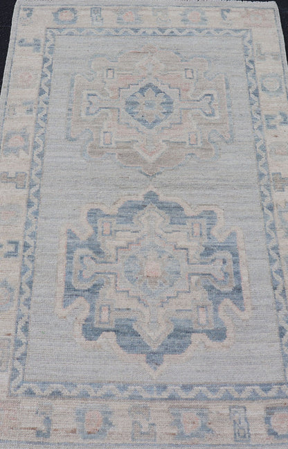 Measures: 2'6 x 4'2 Modern Medallion Oushak with Light Gray Background and Neutral Colors. Keivan Woven Arts rug AWR - 12386 Country of Origin: Afghanistan Type: Oushak Design: Floral, All - Over, Abstract Floral. This Oushak was hand - knotted in... - Keivan Woven ArtsAWR - 12386 - 23264Rug