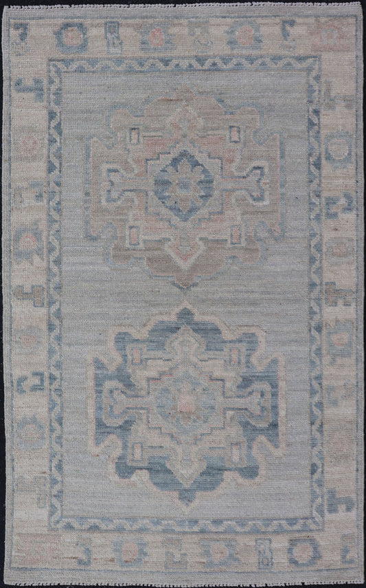 Measures: 2'6 x 4'2 Modern Medallion Oushak with Light Gray Background and Neutral Colors. Keivan Woven Arts rug AWR - 12386 Country of Origin: Afghanistan Type: Oushak Design: Floral, All - Over, Abstract Floral. This Oushak was hand - knotted in... - Keivan Woven ArtsAWR - 12386 - 23264