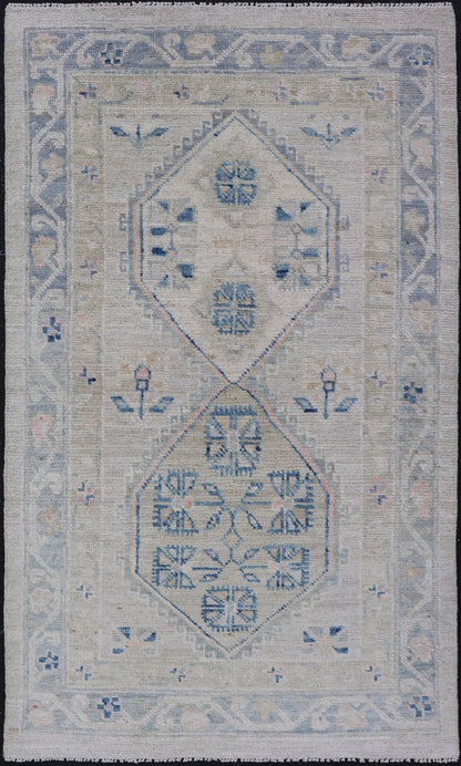 Measures: 2'6 x 4'5 Floral Medallion Oushak Rug with Tribal Motifs and A Cream Background. Keivan Woven Arts; rug AWR - 12391 Country Of Origin: Afghanistan Type: Oushak Design: Medallion, Floral, All - Over. This Hand - Knotted Oushak presents a ... - Keivan Woven ArtsAWR - 12391 - 23270Rug
