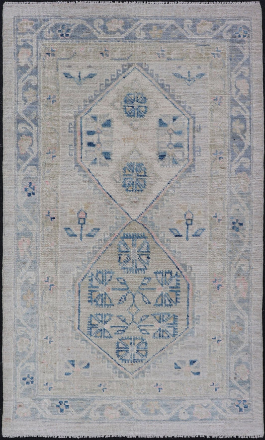 Measures: 2'6 x 4'5 Floral Medallion Oushak Rug with Tribal Motifs and A Cream Background. Keivan Woven Arts; rug AWR - 12391 Country Of Origin: Afghanistan Type: Oushak Design: Medallion, Floral, All - Over. This Hand - Knotted Oushak presents a ... - Keivan Woven ArtsAWR - 12391 - 23270Rug