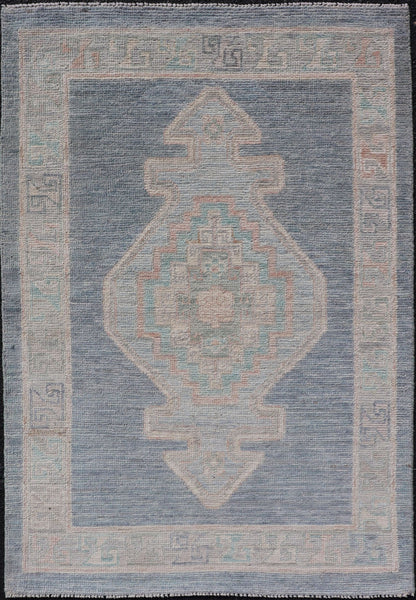 Measures: 2'7 x 3'11 Medallion Designed Modern Oushak with Blue Background and Cream Border. Keivan Woven Arts; rug AWR - 12400, Early 21st Century. This modern Oushak features large medallions in the center of a blue background, centering aro... - Keivan Woven ArtsAWR - 12400 - 23276