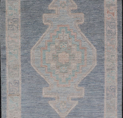 Measures: 2'7 x 3'11 Medallion Designed Modern Oushak with Blue Background and Cream Border. Keivan Woven Arts; rug AWR - 12400, Early 21st Century. This modern Oushak features large medallions in the center of a blue background, centering aro... - Keivan Woven ArtsAWR - 12400 - 23276Rug