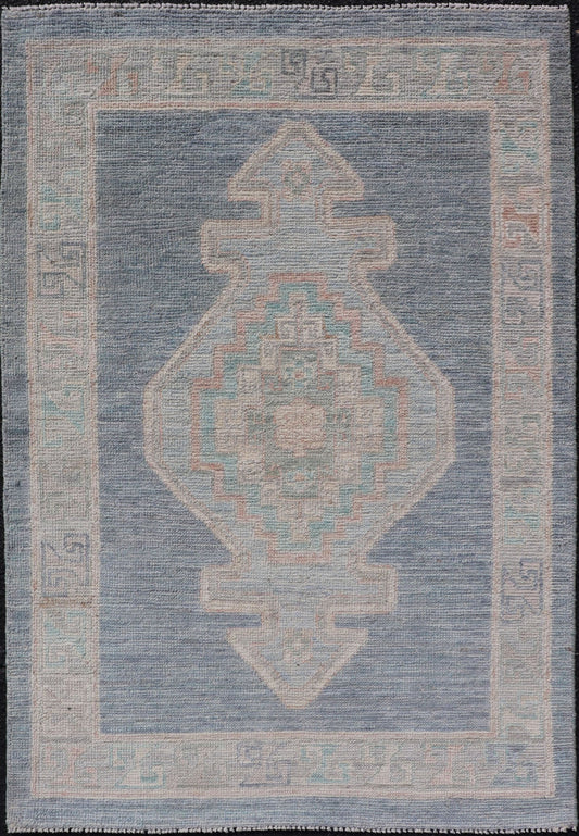 Measures: 2'7 x 3'11 Medallion Designed Modern Oushak with Blue Background and Cream Border. Keivan Woven Arts; rug AWR - 12400, Early 21st Century. This modern Oushak features large medallions in the center of a blue background, centering aro... - Keivan Woven ArtsAWR - 12400 - 23276Rug