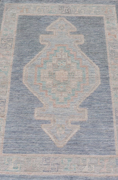 Measures: 2'7 x 3'11 Medallion Designed Modern Oushak with Blue Background and Cream Border. Keivan Woven Arts; rug AWR - 12400, Early 21st Century. This modern Oushak features large medallions in the center of a blue background, centering aro... - Keivan Woven ArtsAWR - 12400 - 23276