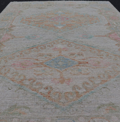 Measures: 3'3 x 5'2 Modern Oushak in Light Cream Background With Copper and Green Colors. Country of Origin: Afghanistan Type: Oushak Keivan Woven Arts; rug / AWR - 12425, Design: Floral, All - Over. 21 - st Century. The border and background of t... - Keivan Woven ArtsAWR - 12425 - 23282Rug
