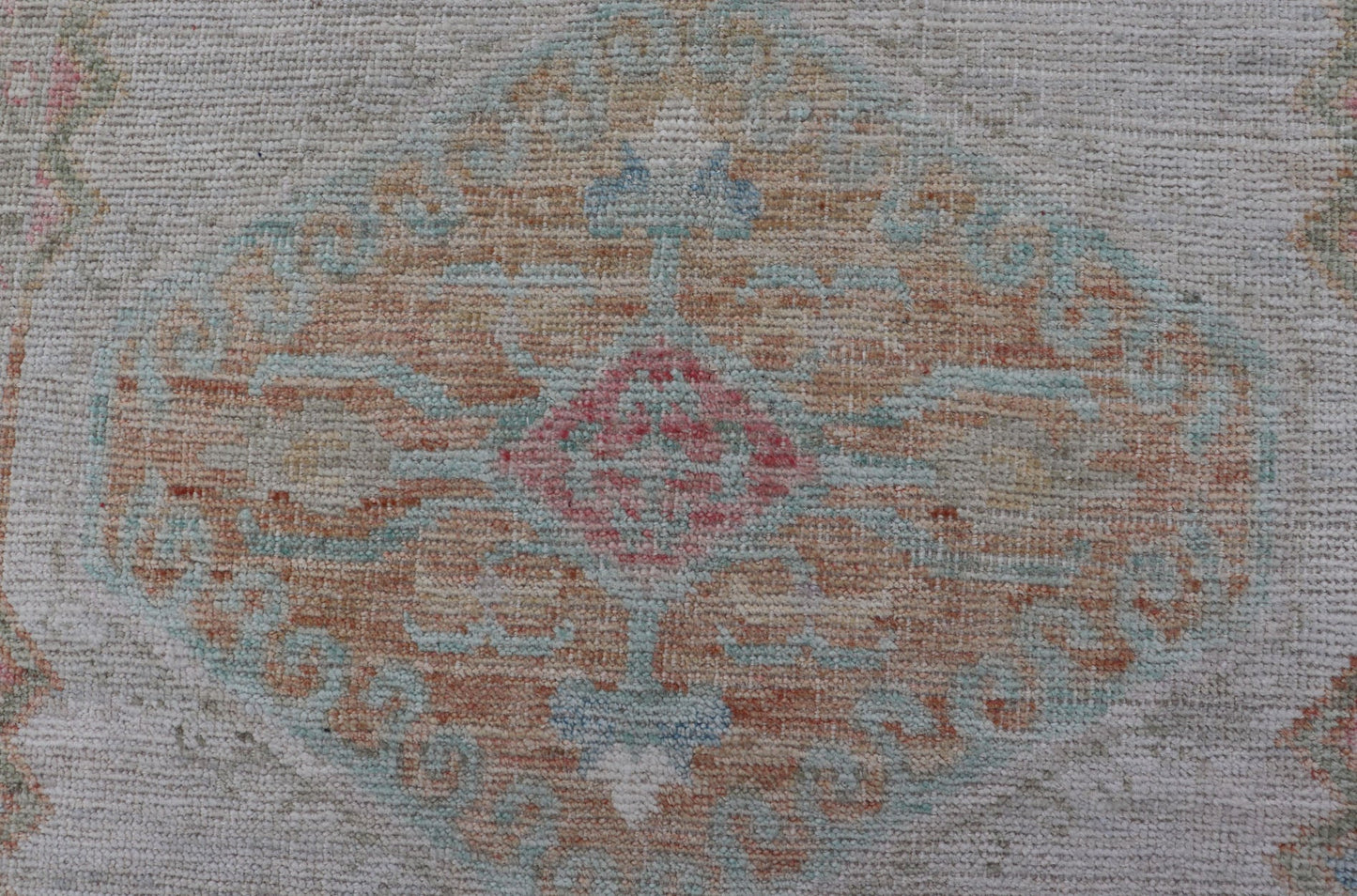 Measures: 3'3 x 5'2 Modern Oushak in Light Cream Background With Copper and Green Colors. Country of Origin: Afghanistan Type: Oushak Keivan Woven Arts; rug / AWR - 12425, Design: Floral, All - Over. 21 - st Century. The border and background of t... - Keivan Woven ArtsAWR - 12425 - 23282Rug