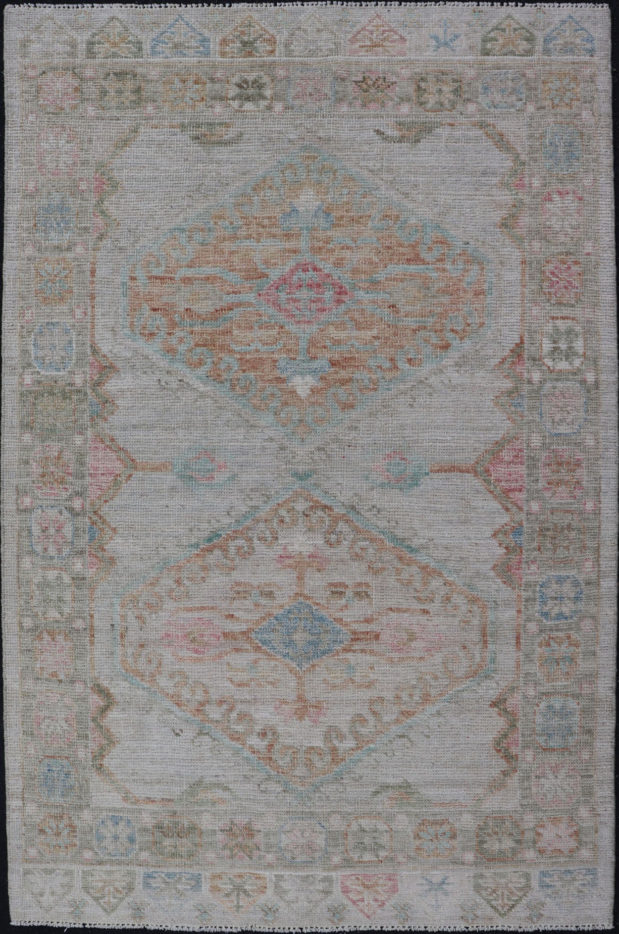 Measures: 3'3 x 5'2 Modern Oushak in Light Cream Background With Copper and Green Colors. Country of Origin: Afghanistan Type: Oushak Keivan Woven Arts; rug / AWR - 12425, Design: Floral, All - Over. 21 - st Century. The border and background of t... - Keivan Woven ArtsAWR - 12425 - 23282Rug