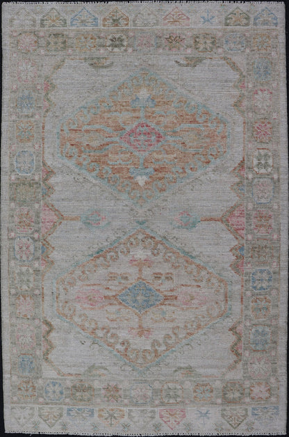 Measures: 3'3 x 5'2 Modern Oushak in Light Cream Background With Copper and Green Colors. Country of Origin: Afghanistan Type: Oushak Keivan Woven Arts; rug / AWR - 12425, Design: Floral, All - Over. 21 - st Century. The border and background of t... - Keivan Woven ArtsAWR - 12425 - 23282Rug