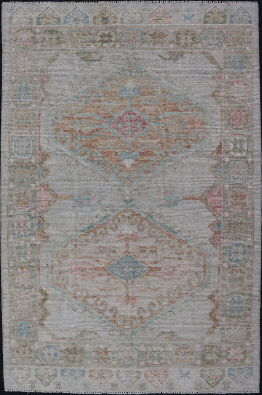 Measures: 3'3 x 5'2 Modern Oushak in Light Cream Background With Copper and Green Colors. Country of Origin: Afghanistan Type: Oushak Keivan Woven Arts; rug / AWR - 12425, Design: Floral, All - Over. 21 - st Century. The border and background of t... - Keivan Woven ArtsAWR - 12425 - 23282Rug