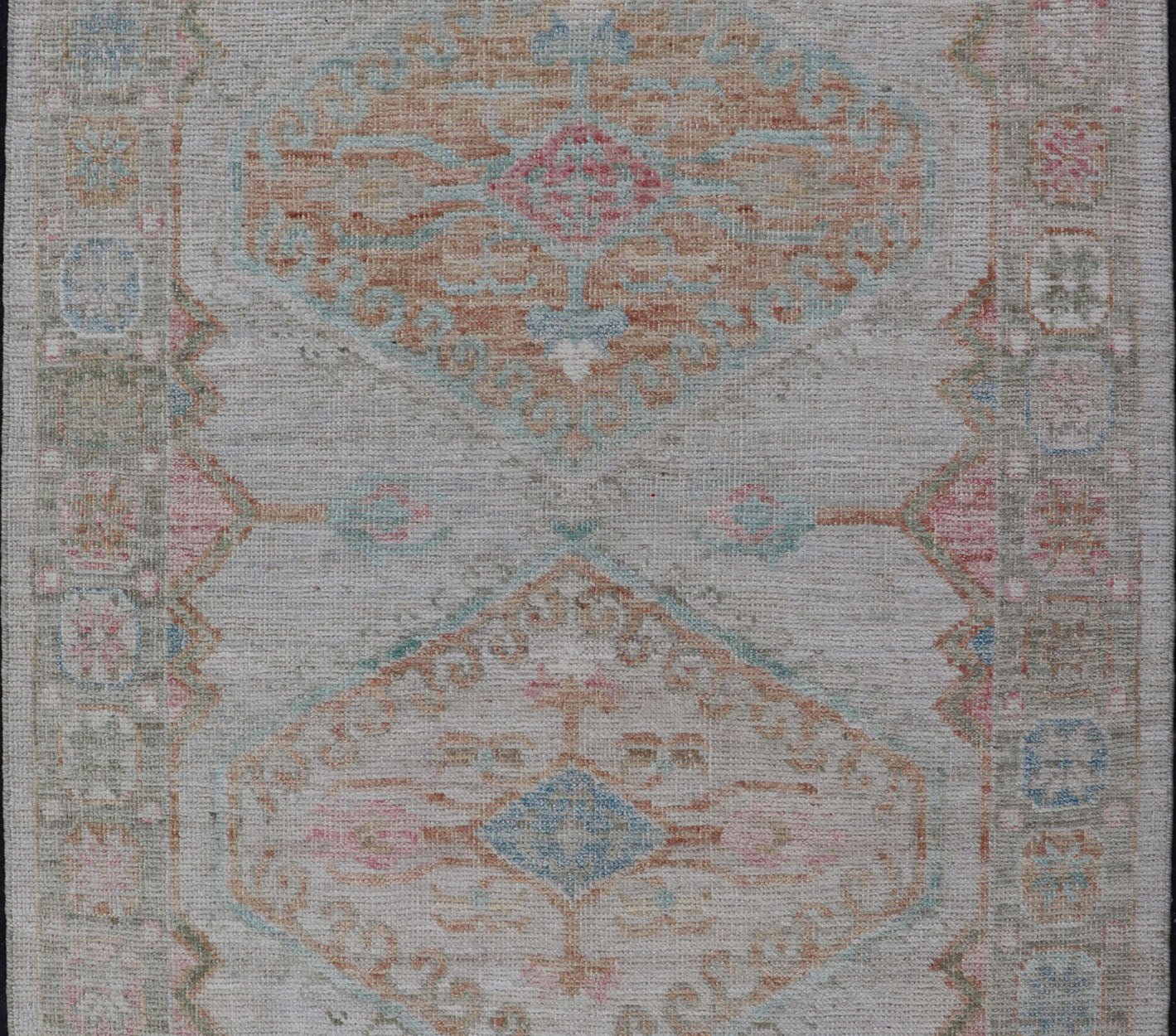 Measures: 3'3 x 5'2 Modern Oushak in Light Cream Background With Copper and Green Colors. Country of Origin: Afghanistan Type: Oushak Keivan Woven Arts; rug / AWR - 12425, Design: Floral, All - Over. 21 - st Century. The border and background of t... - Keivan Woven ArtsAWR - 12425 - 23282Rug